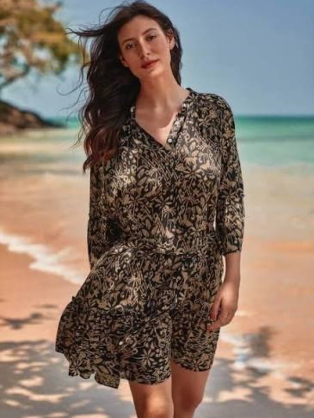 NWT Rosa Faia  Anita Sahara tunic dress brown black 3 buttons (no belt) size S/M